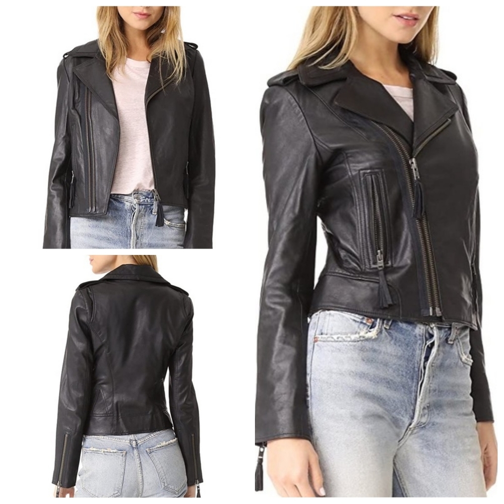 Joie Ailey Lambskin Leather Moto Jacket Black XS